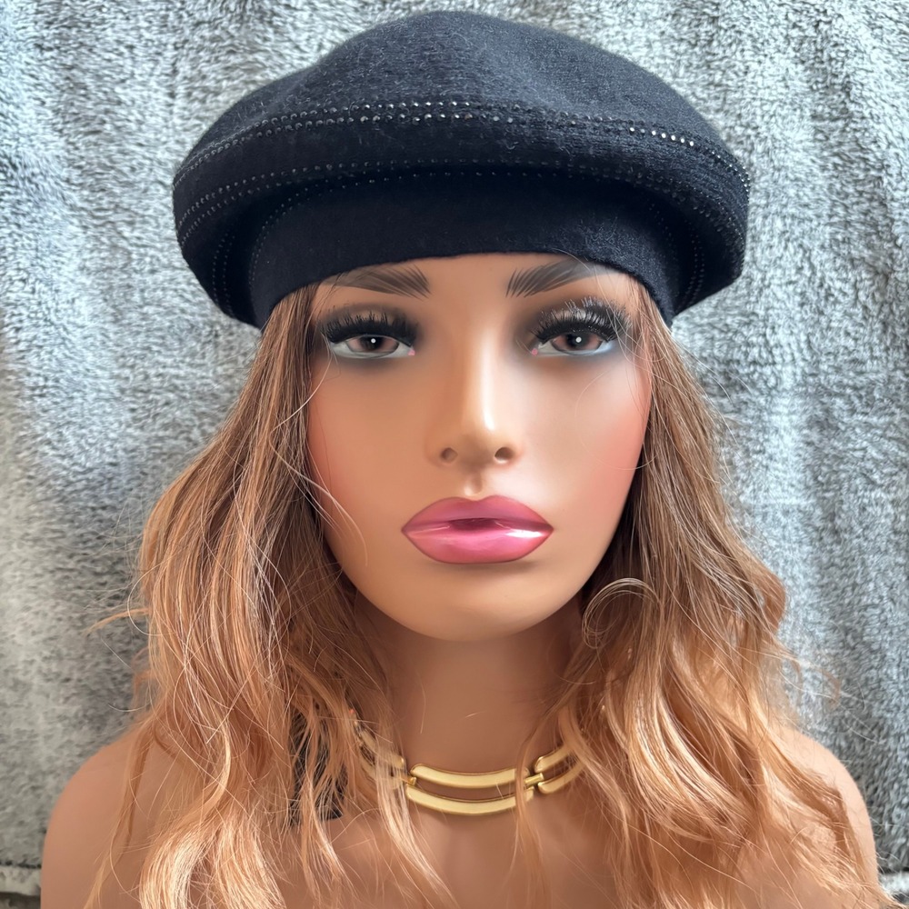 Jones New York Womens Beret OS Black Studded Wool Blend Hat Classic Glam 20249